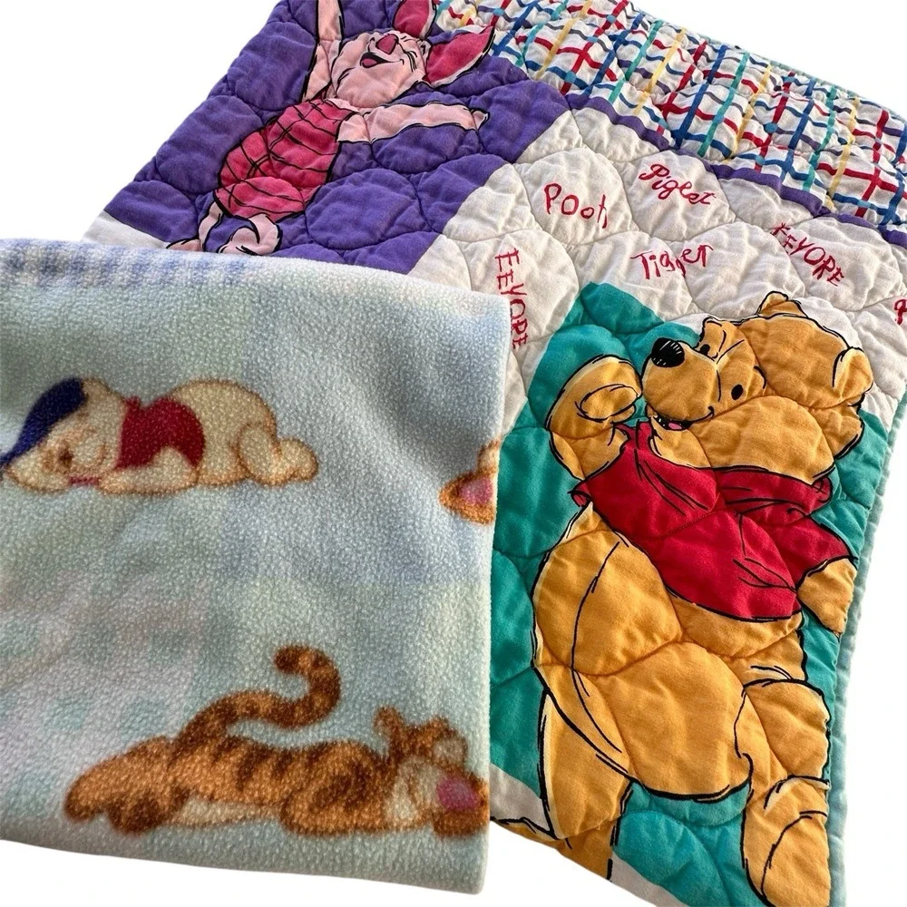 2 Vtg 1995 Disney Winnie The Pooh Baby Crib‎ Blanket Nursery Quilt Fleece USA